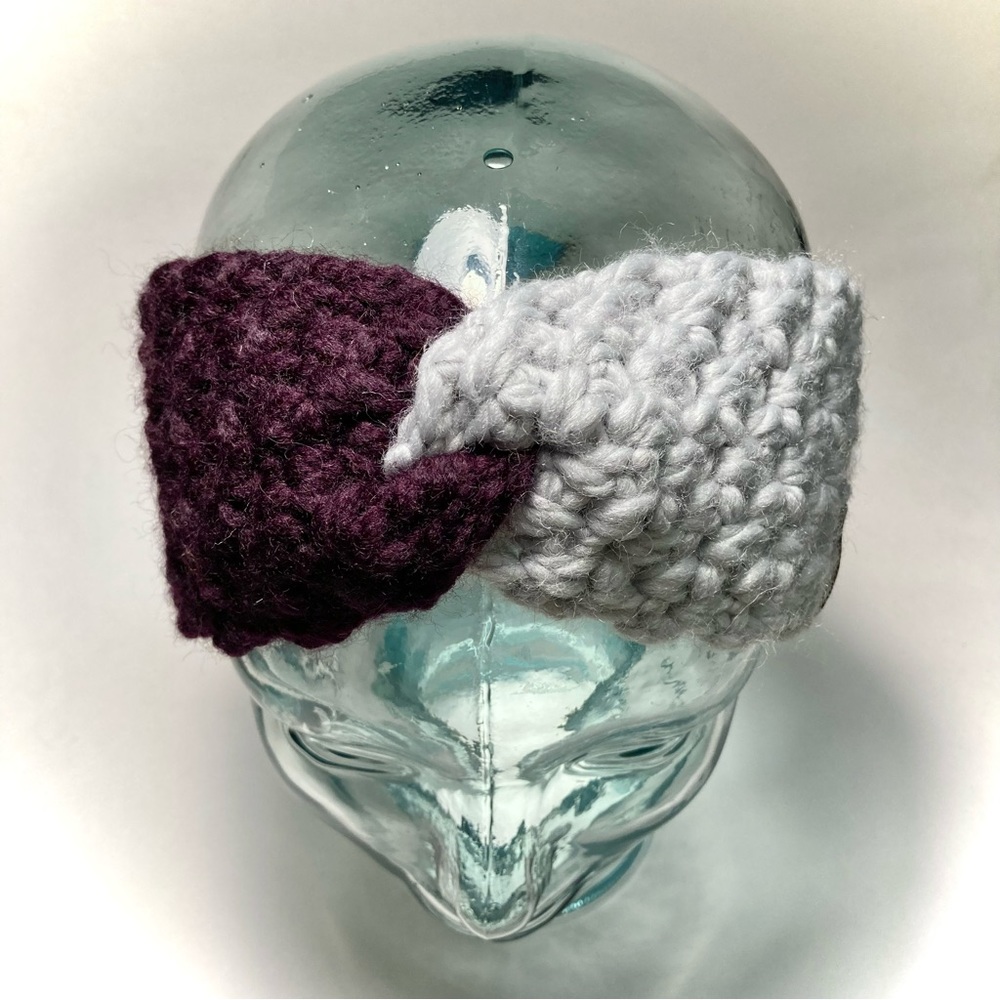 Wool small women headband Ear Warmer handmade crocheted maroon gray twist turban